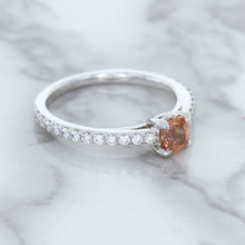 Load image into Gallery viewer, 0.55ct Cushion Unheated EGL Certified Padparadscha Ring with Diamond Accents in 18K White Gold