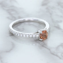 Load image into Gallery viewer, 0.55ct Cushion Unheated EGL Certified Padparadscha Ring with Diamond Accents in 18K White Gold