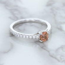 Load image into Gallery viewer, 0.55ct Cushion Unheated EGL Certified Padparadscha Ring with Diamond Accents in 18K White Gold