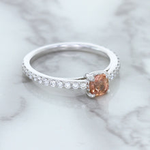 Load image into Gallery viewer, 0.55ct Cushion Unheated EGL Certified Padparadscha Ring with Diamond Accents in 18K White Gold