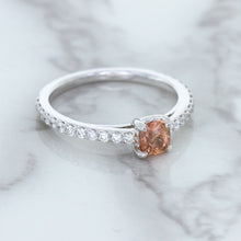 Load image into Gallery viewer, 0.55ct Cushion Unheated EGL Certified Padparadscha Ring with Diamond Accents in 18K White Gold