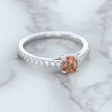 Load image into Gallery viewer, 0.55ct Cushion Unheated EGL Certified Padparadscha Ring with Diamond Accents in 18K White Gold