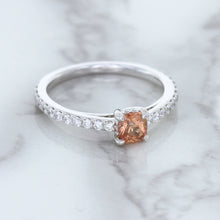 Load image into Gallery viewer, 0.55ct Cushion Unheated EGL Certified Padparadscha Ring with Diamond Accents in 18K White Gold