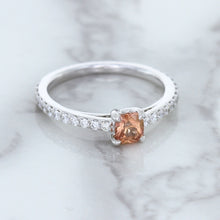 Load image into Gallery viewer, 0.55ct Cushion Unheated EGL Certified Padparadscha Ring with Diamond Accents in 18K White Gold