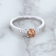 Load image into Gallery viewer, 0.55ct Cushion Unheated EGL Certified Padparadscha Ring with Diamond Accents in 18K White Gold