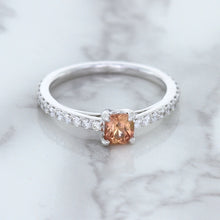 Load image into Gallery viewer, 0.55ct Cushion Unheated EGL Certified Padparadscha Ring with Diamond Accents in 18K White Gold