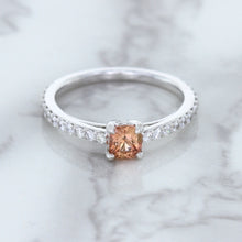 Load image into Gallery viewer, 0.55ct Cushion Unheated EGL Certified Padparadscha Ring with Diamond Accents in 18K White Gold