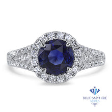 Load image into Gallery viewer, 1.30ct Round Blue Sapphire Ring with Diamond Halo in 18K White Gold