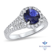 Load image into Gallery viewer, 1.30ct Round Blue Sapphire Ring with Diamond Halo in 18K White Gold