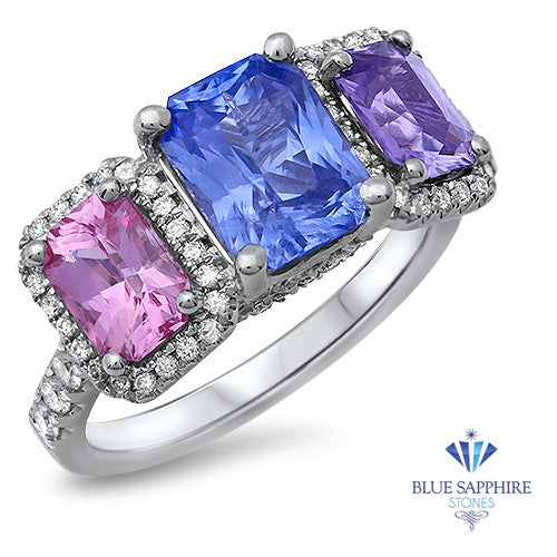 Multicolor Sapphire Ring with Diamond Halo in 18K White Gold