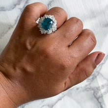Load image into Gallery viewer, 12.75ct Cushion Blue Zircon Ring with Diamond Halo in 18K White Gold