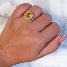 Load image into Gallery viewer, 4.04ct Oval Yellow Sapphire Ring with Diamond Halo in 14K Yellow Gold
