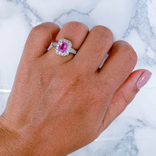Load image into Gallery viewer, 1.56ct Radiant Pink Sapphire Ring with Diamond Halo in 18K White Gold