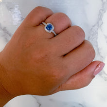 Load image into Gallery viewer, 1.36ct Cushion Blue Sapphire Ring with Diamond Halo in 14K White Gold