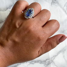Load image into Gallery viewer, 4.37ct Radiant Blue Sapphire Ring with Diamond Halo in Platinum
