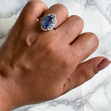 Load image into Gallery viewer, 4.37ct Radiant Blue Sapphire Ring with Diamond Halo in Platinum