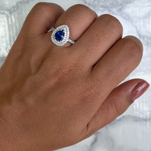 Load image into Gallery viewer, 1.48ct Pear Blue Sapphire Ring with Double Diamond Halo in 18K White Gold