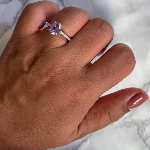 2.01ct Oval Unheated EGL Certified Purple Sapphire Ring with Diamonds in 18K White Gold