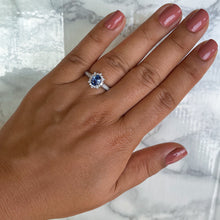 Load image into Gallery viewer, 0.85ct. Oval Blue Sapphire Ring with Diamond Halo in 18K White Gold