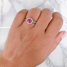 Load image into Gallery viewer, 1.03ct Round Pink Sapphire Ring with Diamond Halo in 18K White Gold