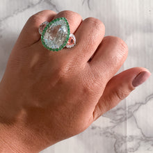 Load image into Gallery viewer, 20.07ct Pear Green Sapphire Ring with Tsavorite Halo and Padparadschas with Diamond Halo in 18K White Gold