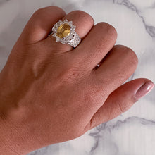 Load image into Gallery viewer, 3.38ct Oval Yellow Sapphire Ring with Diamond Halo in 14K White Gold