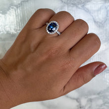 Load image into Gallery viewer, 3.68ct. Oval GIA Certified Blue Sapphire Ring with Diamond Halo in 18K White Gold