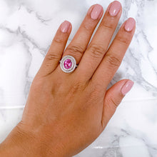Load image into Gallery viewer, 2.90ct Oval Pink Sapphire Ring with Double Diamond Halo in 14K White Gold