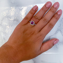 Load image into Gallery viewer, 1.60ct Cushion Pink Sapphire Ring with Diamond Halo in 18K White Gold