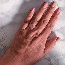 Load image into Gallery viewer, Three Stone Padparadscha Ring with Diamond Halo in 18K Rose Gold
