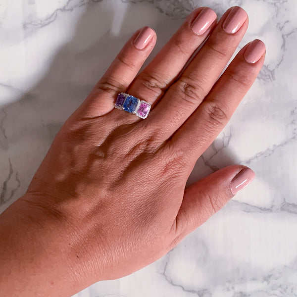 Multicolor Sapphire Ring with Diamond Halo in 18K White Gold