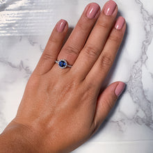 Load image into Gallery viewer, 1.82ct Round Blue Sapphire Ring with Diamond Halo in 18K White Gold