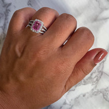 Load image into Gallery viewer, 2.25ct Emerald Cut Pink Sapphire Ring with Diamond halo in 18K White Gold