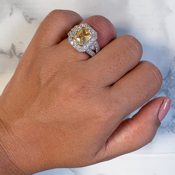 3.64ct Radiant Yellow Sapphire Ring with Diamond Halo in 18K White Gold