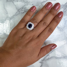Load image into Gallery viewer, 3.31ct. Cushion GIA Certified Blue Sapphire Ring with Double Diamond Halo in 18K White Gold