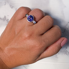 Load image into Gallery viewer, 3.12ct Round Tanzanite Ring with Diamond Halo in 14K White Gold
