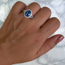 Load image into Gallery viewer, 3.55ct Oval Blue Sapphire Ring with Diamond Halo in 18K White Gold