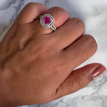 Load image into Gallery viewer, 1.50ct Princess Pink Sapphire Ring with Double Diamond Halo in 14K White Gold