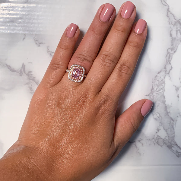 1.75ct. Cushion Padparadscha Ring with Sapphire and Diamond Halo in 18K Rose Gold