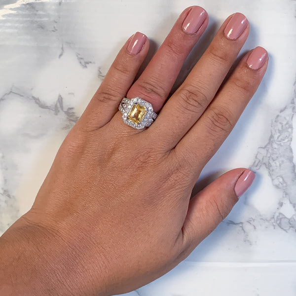 3.64ct Radiant Yellow Sapphire Ring with Diamond Halo in 18K White Gold