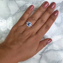 Load image into Gallery viewer, 1.74ct Radiant Blue Sapphire Ring with Diamond Halo in 18K White Gold