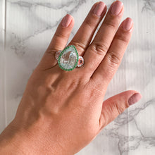 Load image into Gallery viewer, 20.07ct Pear Green Sapphire Ring with Tsavorite Halo and Padparadschas with Diamond Halo in 18K White Gold