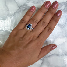 Load image into Gallery viewer, 3.68ct. Oval GIA Certified Blue Sapphire Ring with Diamond Halo in 18K White Gold
