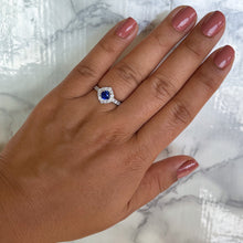 Load image into Gallery viewer, 0.68ct. Round Blue Sapphire Ring with Diamond Halo in 18K White Gold