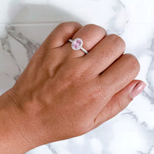 Load image into Gallery viewer, 0.85ct Oval Peach Sapphire with Diamond Halo in 18K White Gold