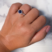 Load image into Gallery viewer, 1.82ct Round Blue Sapphire Ring with Diamond Halo in 18K White Gold