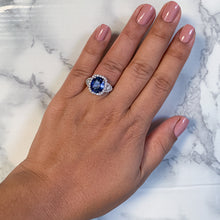 Load image into Gallery viewer, 4.19ct Oval Blue Sapphire Ring with Diamond Halo in 18K White Gold