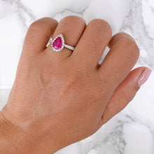 Load image into Gallery viewer, 1.67ct Pear Shaped Unheated Pink Sapphire Ring with Diamond Halo in 18K White Gold