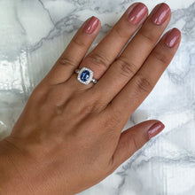 Load image into Gallery viewer, 1.56ct Oval Blue Sapphire Ring with Diamond Halo in Platinum
