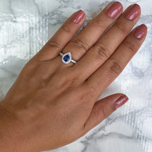 Load image into Gallery viewer, 0.94ct Pear Blue Sapphire Ring with Diamond Halo in 18K White Gold